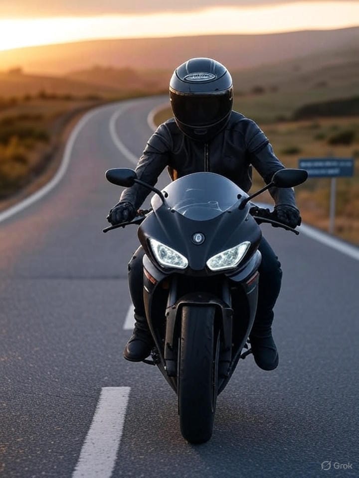 A rider with superbike in a lonely road